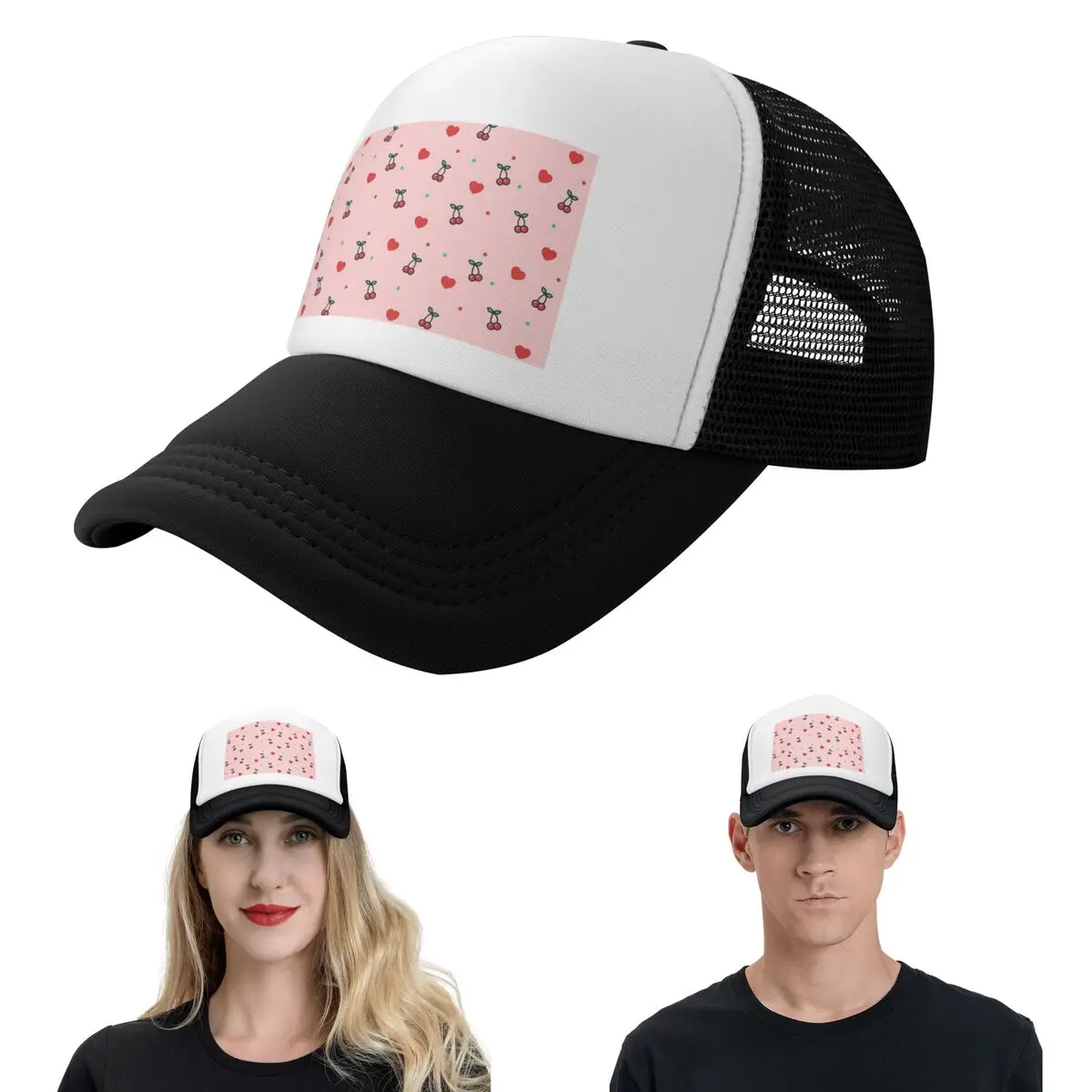 Cherry Heart Design Pattern With Pink Background Cap Fashion Mesh Baseball Caps Adjustable Hat Hip Hop Summer