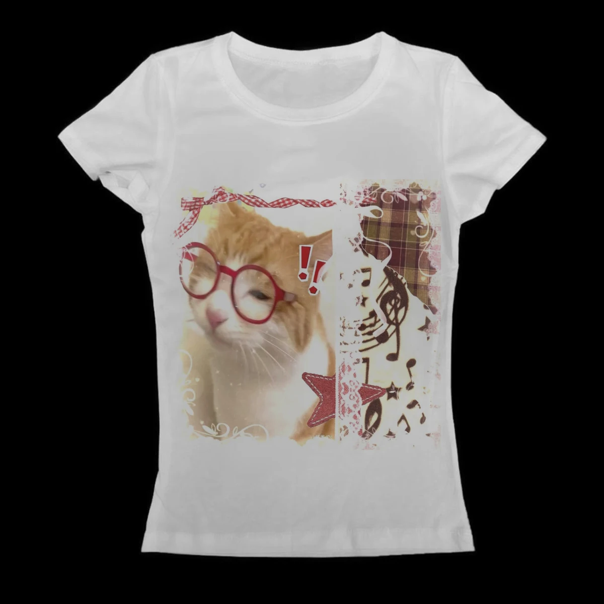 White Slim Fit T Shirt Women Cute Ginger Cat Red Glasses Collage Print Short Sleeve Cottagecore Kawaii Y2K Egirl Soft Streetwear