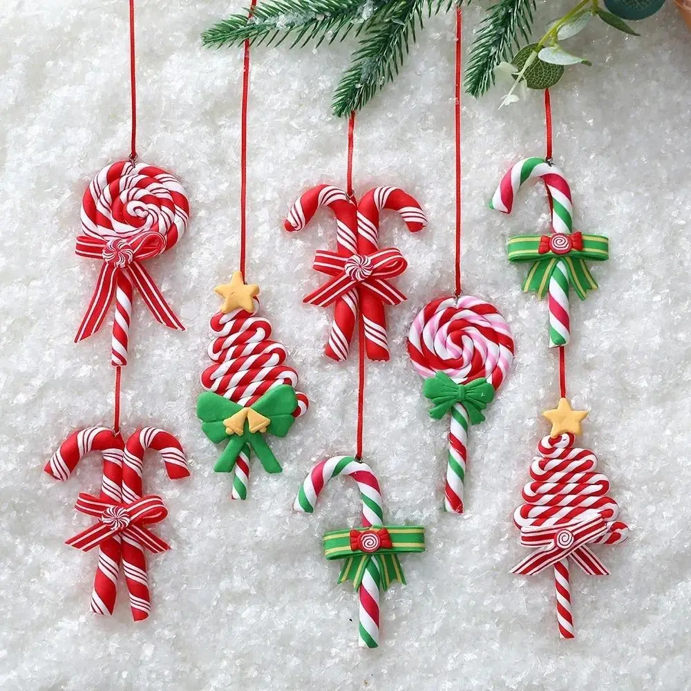 Lollipop Christmas Tree Decoration Soft Clay Lollipop Red White Candy Cane Xmas Tree Pendant Ornament Home New Year Gift