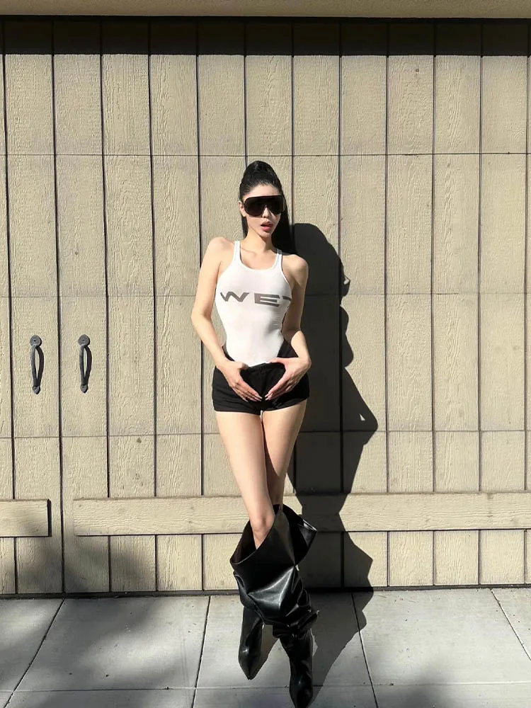 Spring 2025 Women's Sexy Tank Tops Subtranslucent Slim Fit White Racerback Vest Letter Print Bodycon Summer Fashion Tops