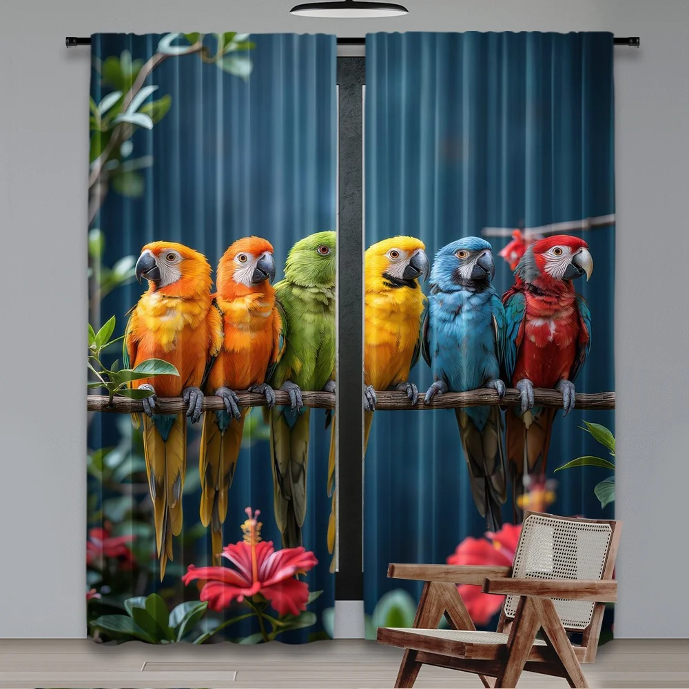 2D flat printing 2pcs Curtain Window Curtains Colorful Parrots on Branch Digital Printed Polyester Drapes Holiday Decorations