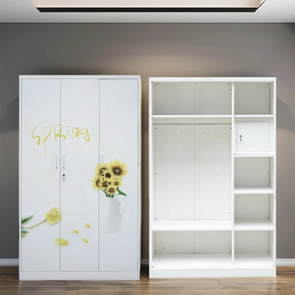 for Tengle Flash Sale Cheap Steel 3 doors Almirah Designs Bedroom Steel Flower Printing Metal Wardrobe with lock and key lemari