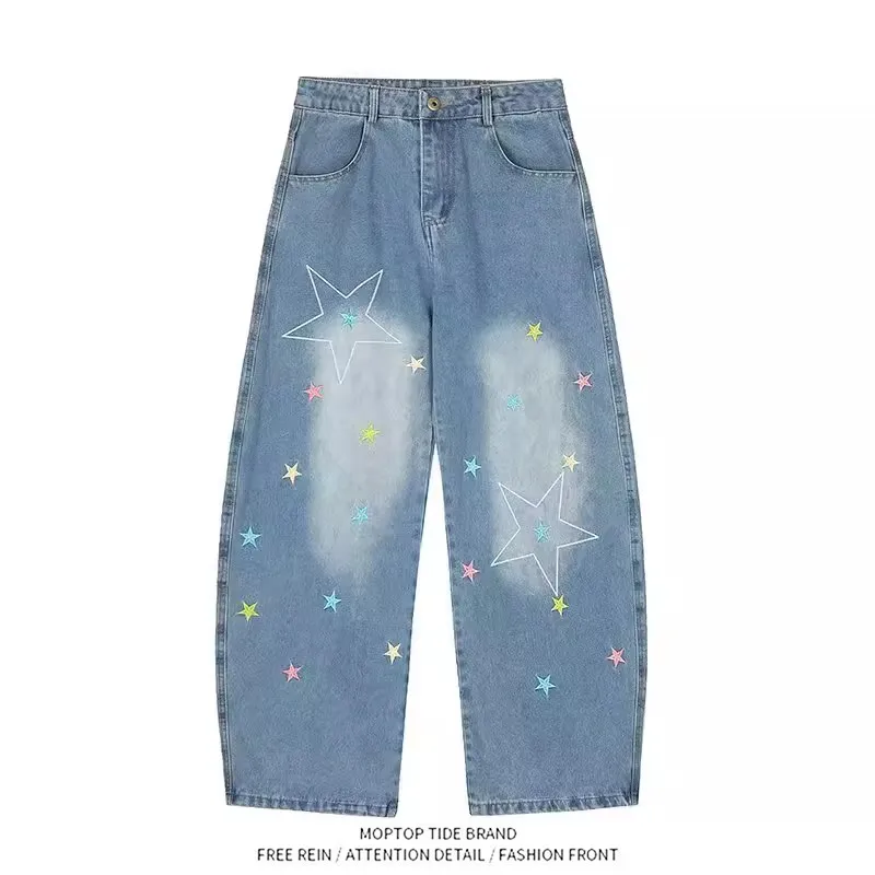 

American Style Embroidered Wide Leg Jeans Men Women Design Sensation Slim Loose Straight Leg Pants Spring Autumn