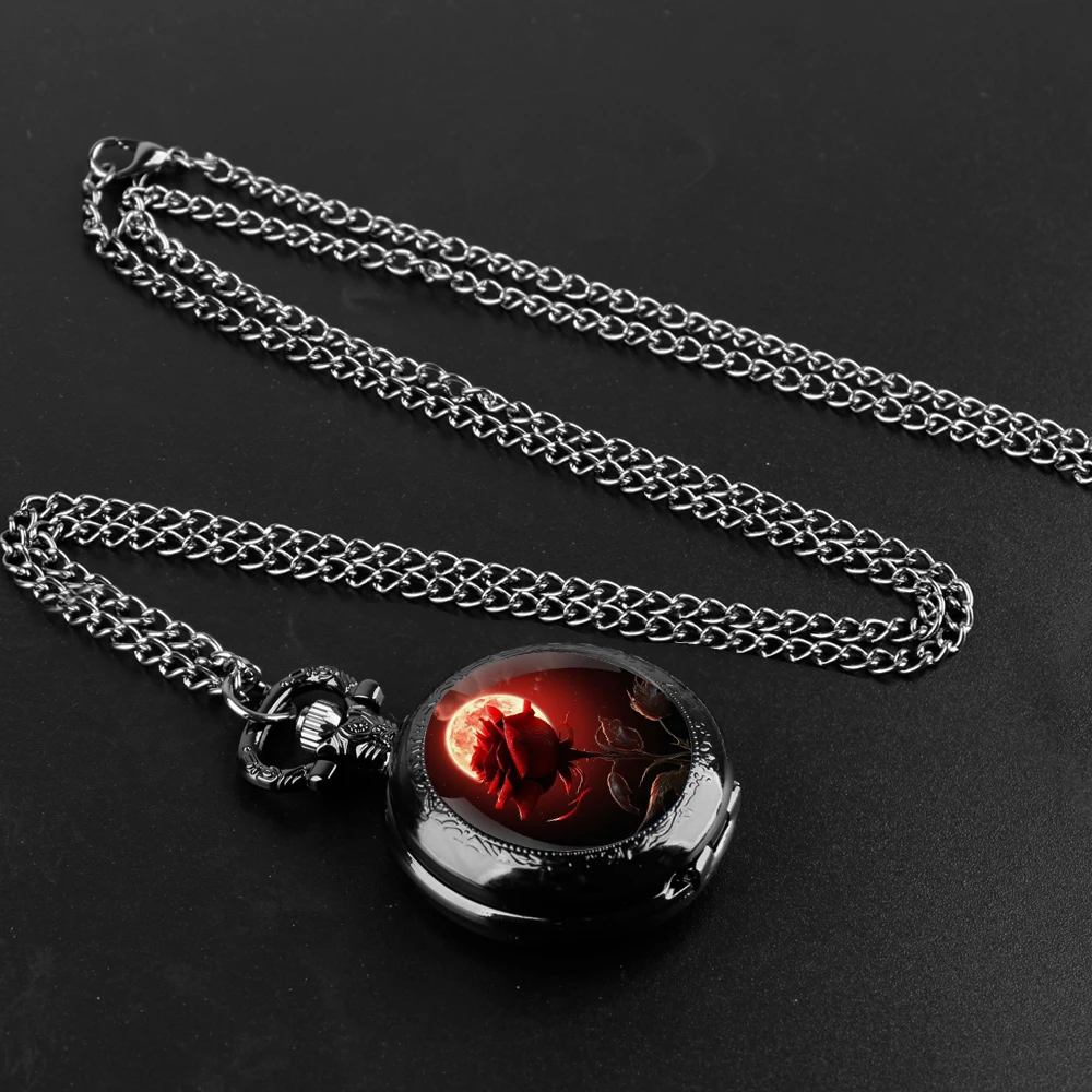 Red Rose Design Glass Dome Quartz Pocket Watch With Durable Chain Arabic Numeral Dial For Men And Women Creative Gifts