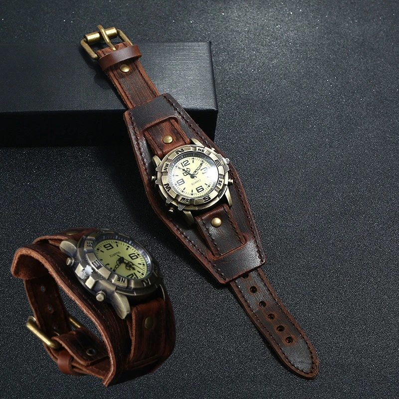 

Кварцевые часы с ремешком из натуральной кожи в стиле ретро, мужские часы-манжеты в стиле панк, наручные часы-браслет, необычные наручные часы Reloj Hombre