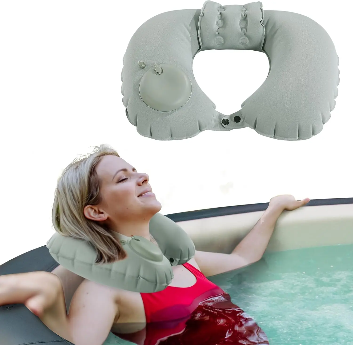 

U-Shaped Inflatable Hot Tub Pillow with Adjustable Buckle for Neck Support and Relaxation in Bathtub