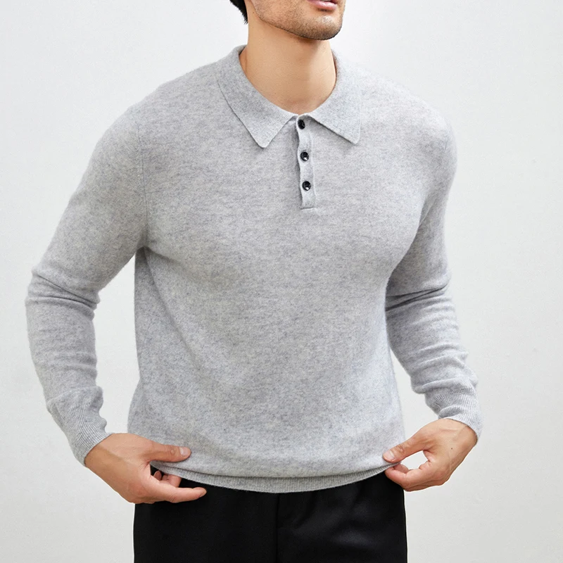 Nuovo maglione di puro cashmere al 100% da uomo con collo a polo a maniche lunghe pullover moda lavorato a maglia con fondo business casual maglione di cashmere.