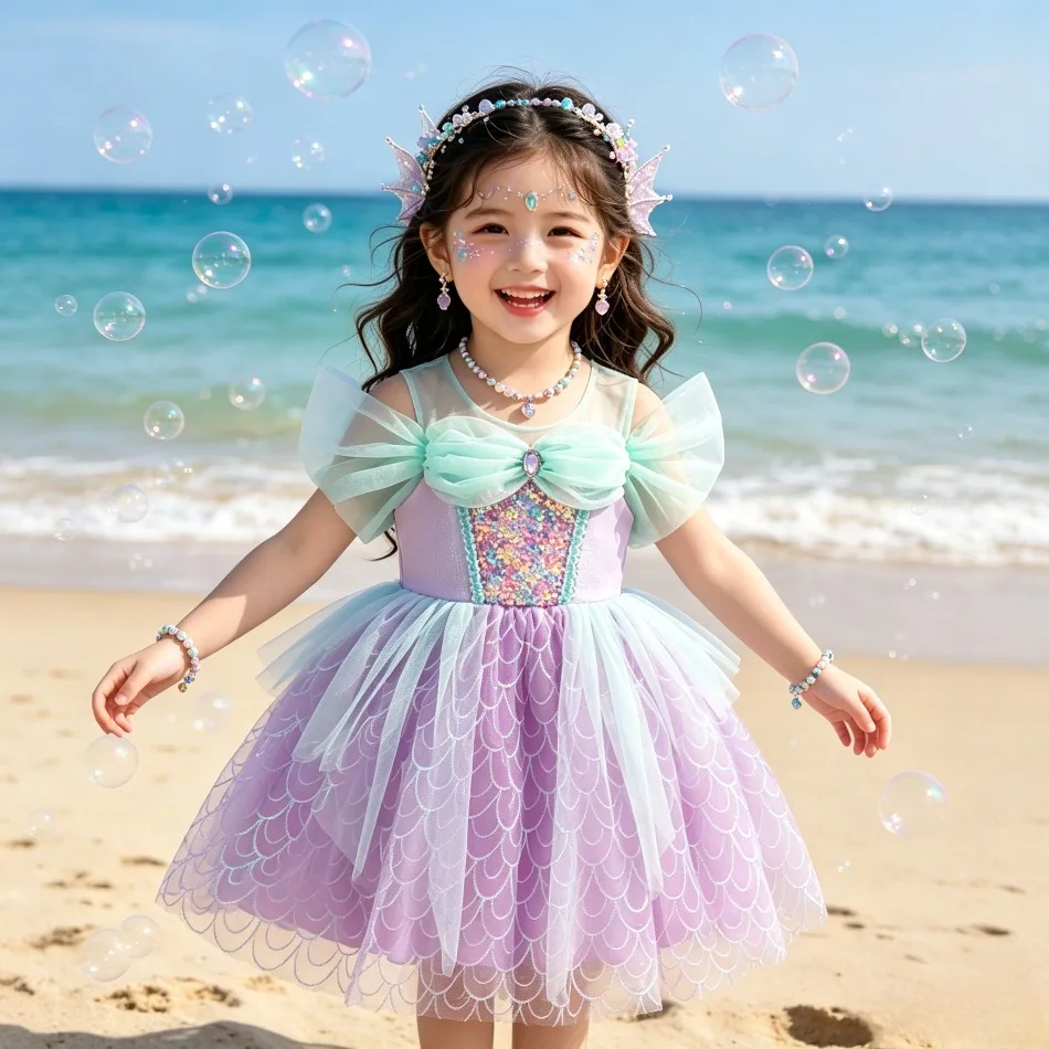 Girls Sparkly Purple Mermaid Scale Tulle Dress Colorful Sequined Tutu Gown Kids Wedding Birthday Party Outfit Casual Dress ZD36