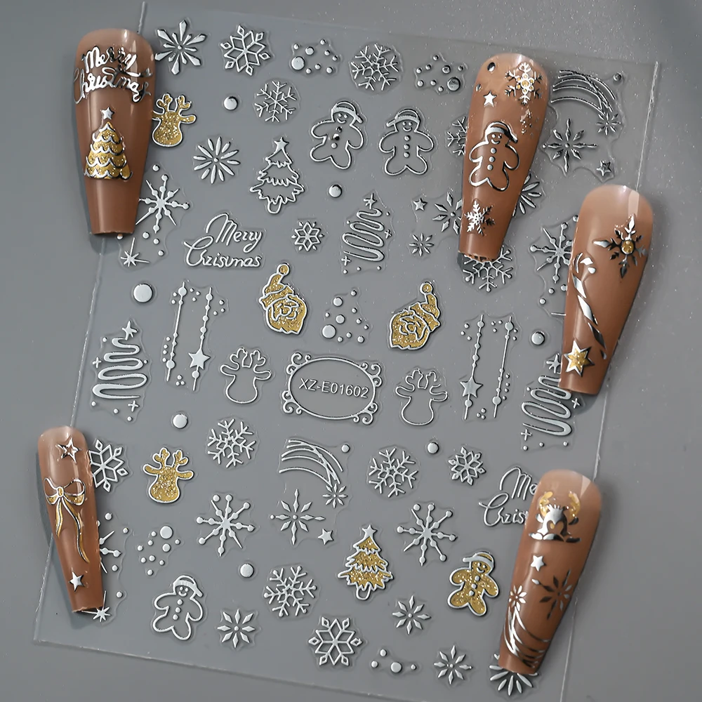 12pcs Multiple Different Style of Snowflake Nail Art Stickers Silver Snowflake with Gold Glitter Nail Decor Festive DIY Manicure