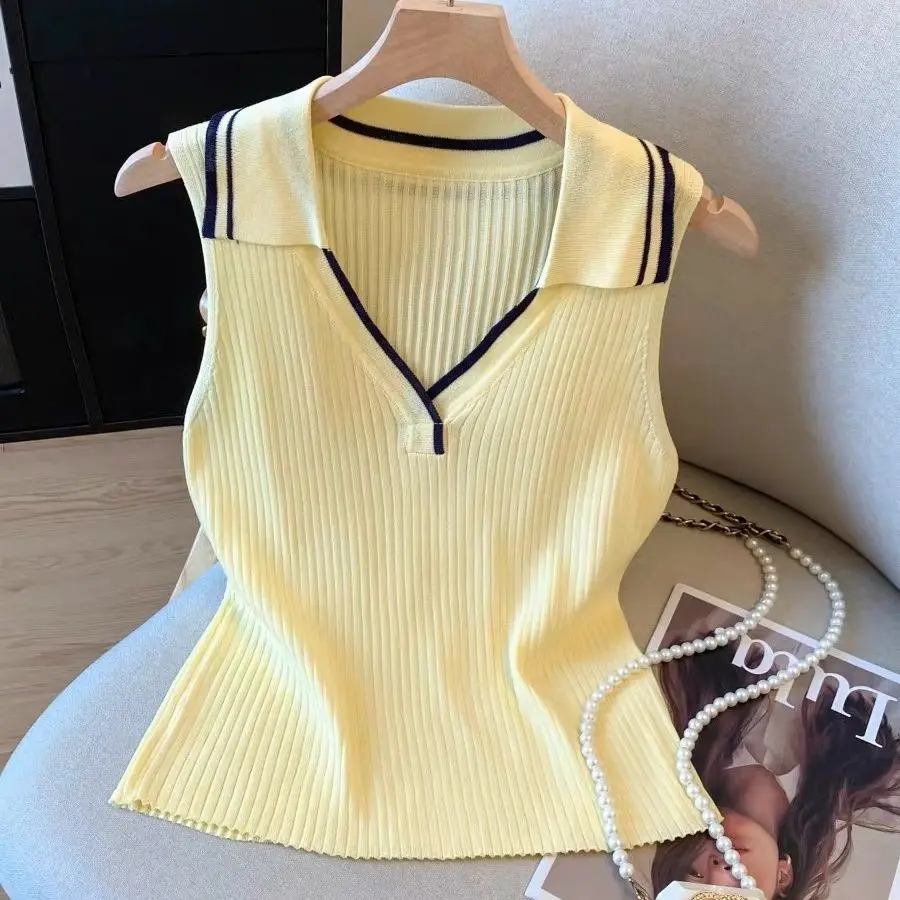 

Korean Contrast Yellow V-neck Sleeveless Knit Vest for Women's Summer 2025 New Fashionable Slim Fit Sweater Shirts Office Lady