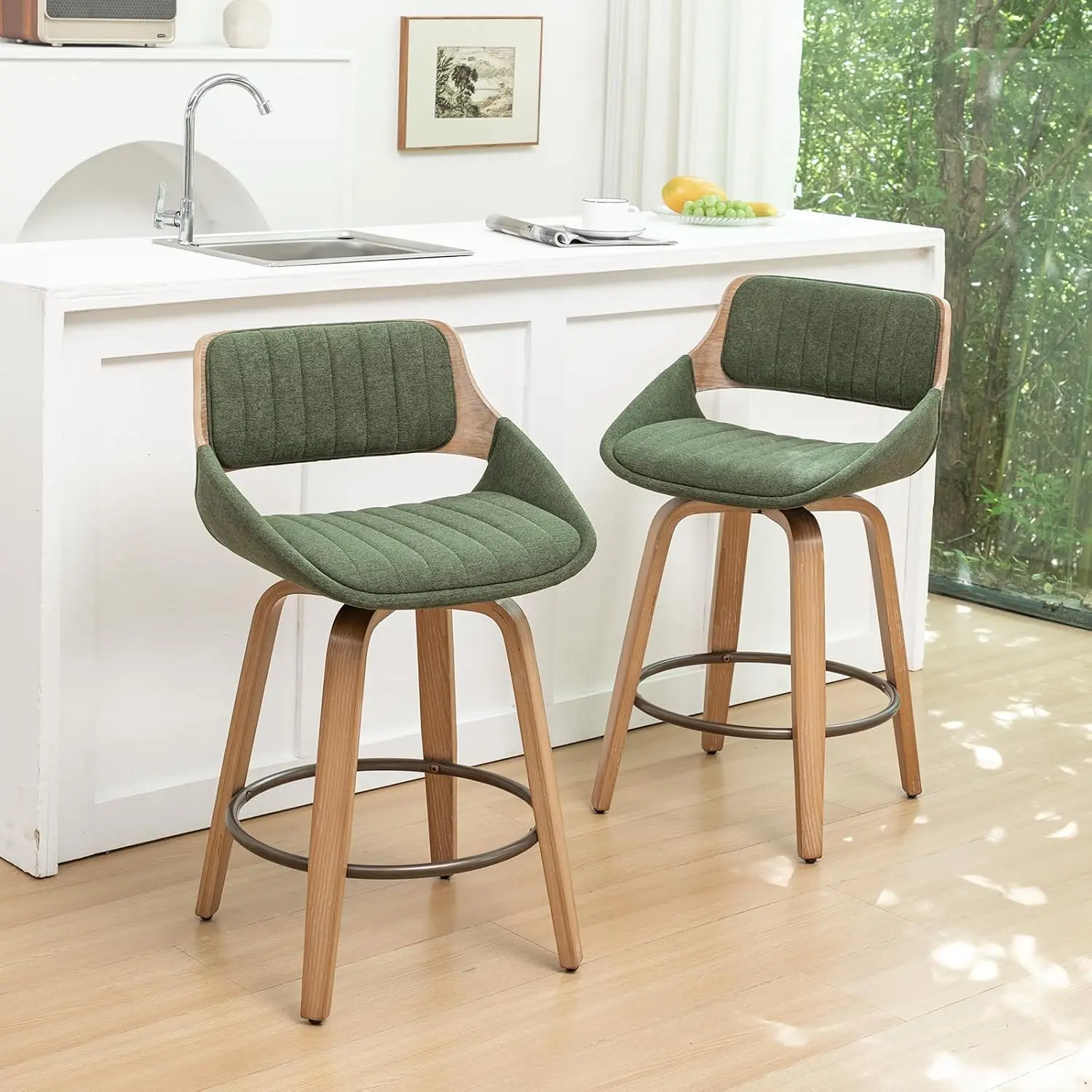 Swivel Bar Stools Set Of 3 Mid Century Modern Linen Fabric Upholstered Wooden Barstools Kitchen Island Counter, Customized