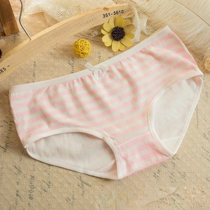 Kawaii Lolita Girls Japanese Anime Style Cosplay Women Panties Briefs With Bow Underwears Underpants Blue Pink White Stripe Gift