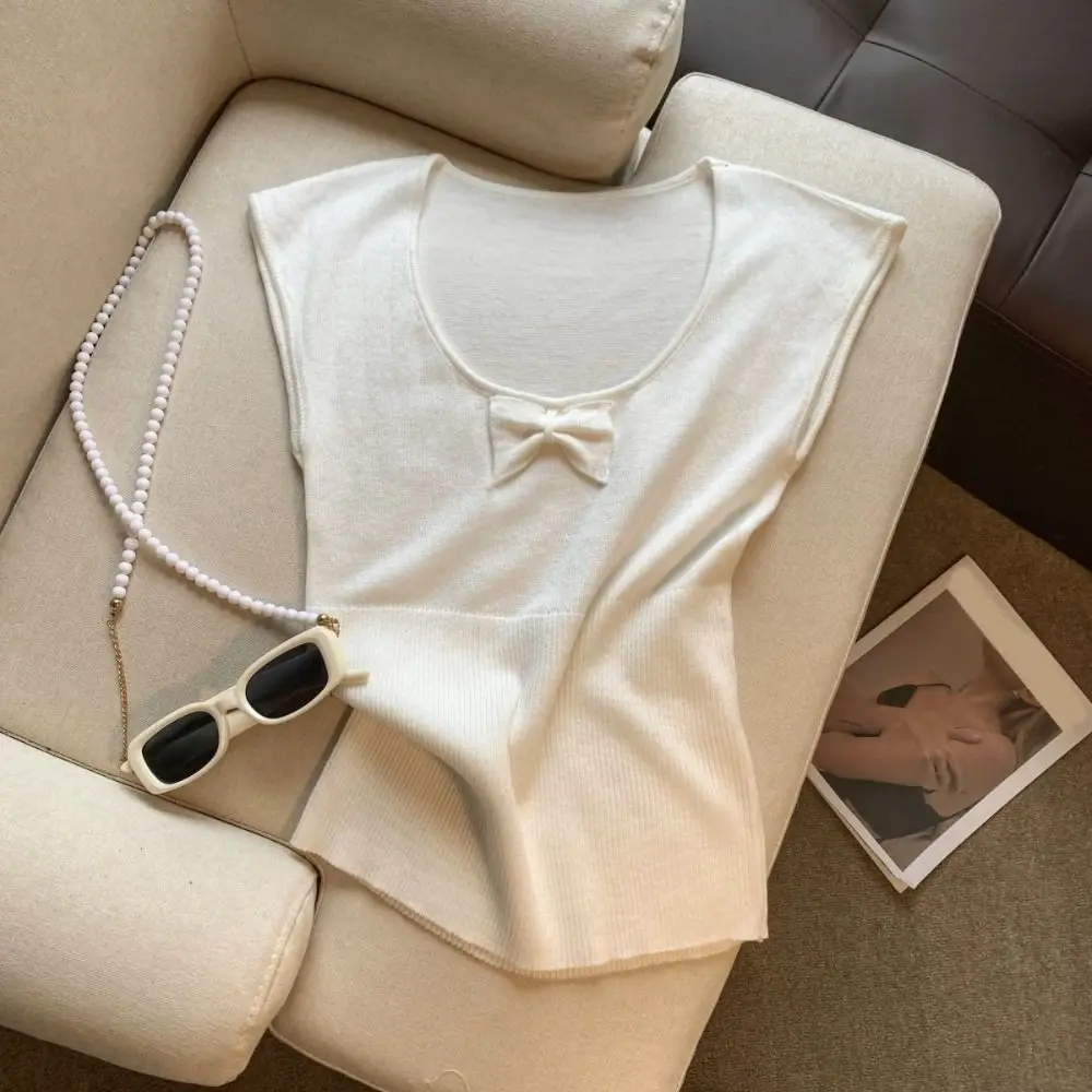 

Round Neck Korean Y2K Crop Tops Women Clothing Short Sleeves Bowknot Knit T-shirt Sweet Solid Color Slim Short T-shirt Party