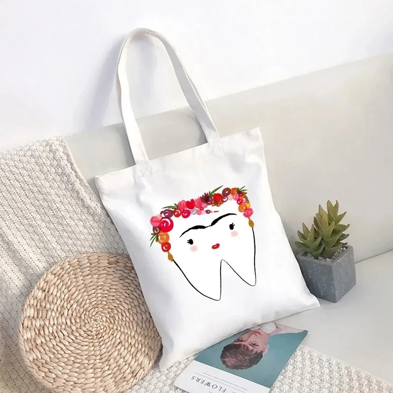 

Kawaii Dental Print Canvas Tote Bag Cartoon Tooth Fairy Floral Tooth Pattern Shoulder Bag For Daily Use Dental Profession