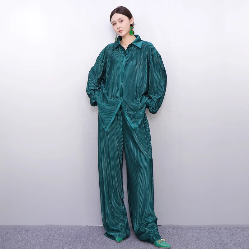 

2025 Autumn Winter Elegant Fashion Vintage Set Women Loose Solid Color Shirts Wide Leg Pants Two-piece Set J2109