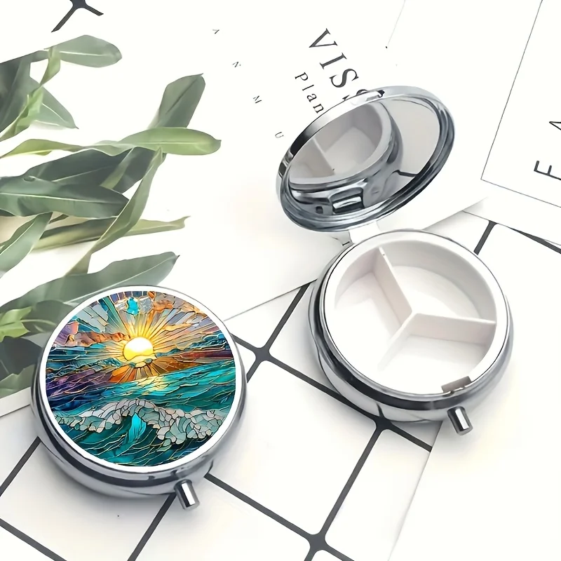 Exquisite Ocean Sunset Pattern Integrated Three-Compartment Metal Pill Box, Portable Decorative Vitamin Storage Box, Suitable for Travel, Can Be Placed in Pocket or Purse - Unique Holiday Gift, 2inch Piece, Colored Glass Design, Excellent Workmanship, Vitamin Box