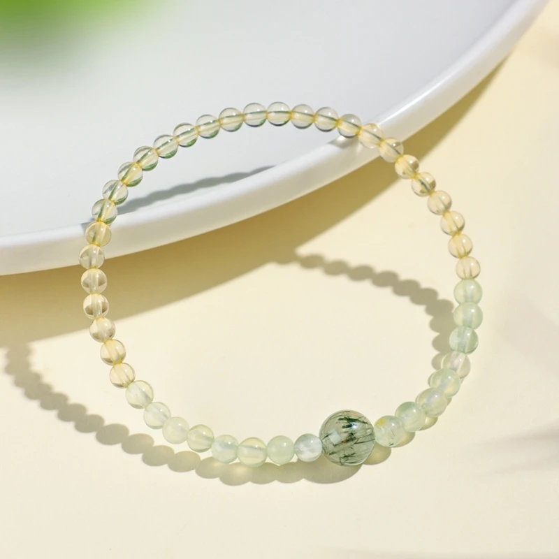 

Delicate Thin Beaded Bracelet for Women 4mm Natural Citrine Yellow Crystal Green Rutilated Quartz Stretch Elastic Bangle 1606
