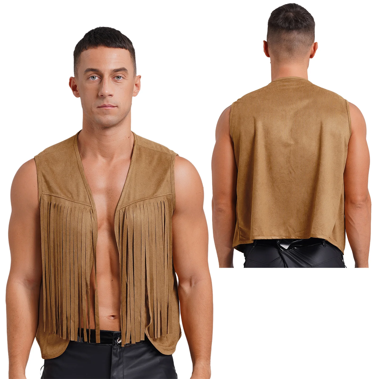 Men Halloween Theme Party Western Cowboy Cosplay Costume Hippy Vest Vintage Fringe Suede Cardigan Waistcoat Gothic Steampunk Top