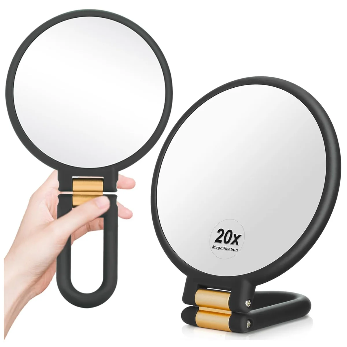 Foldable Hand Mirror with Handle 20X/1X, Double Sided Magnifying Compact Mirror with Stand, Women Portable Travel Makeup Mirror