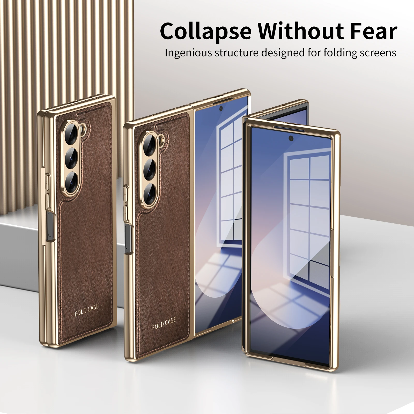 

For Samsung Galaxy Z Fold 7 6 5 4 3 Case Leather Plating Light Texture Gold Wire Hinge 360 Full Screen Protector Folding Cover