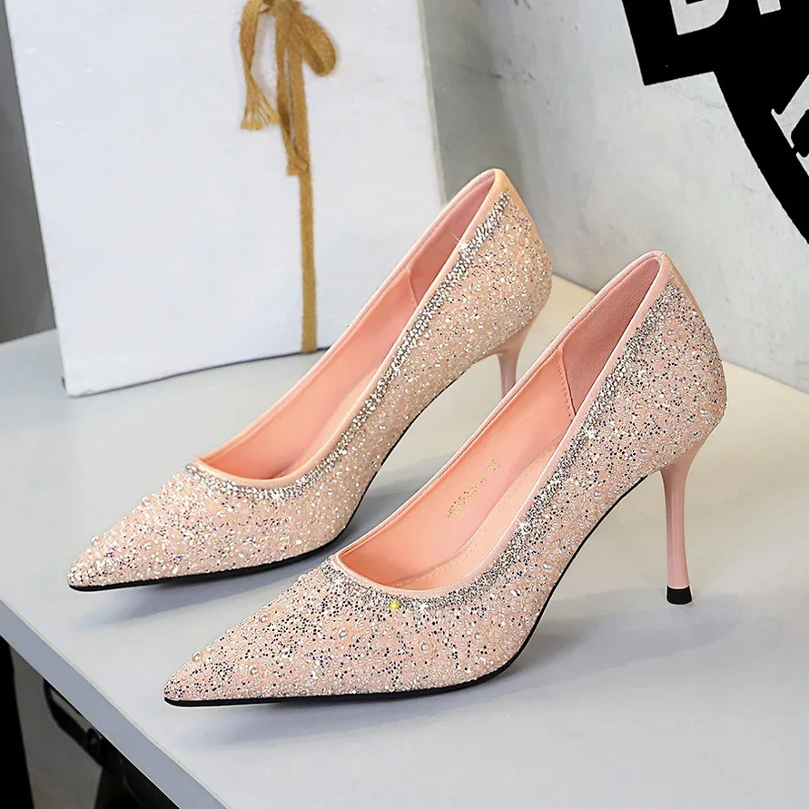 

Women Sequins High Heels French-style Sexy Pointed Toe Stiletto Heels Banquet Party Shoe Slip on Temperament Women Fashion Pumps
