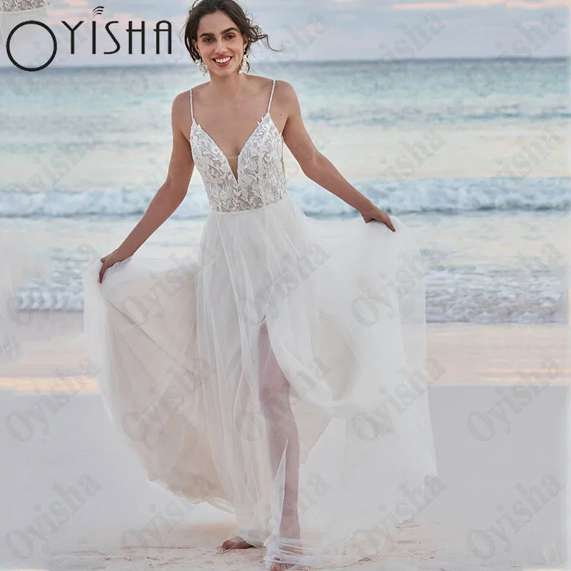 Oyisha Beach Tulle A-Line Bride Gown Appliques V-Neck Sleeveless Wedding Dress For Women Spaghetti Straps Backless Vestido Novia