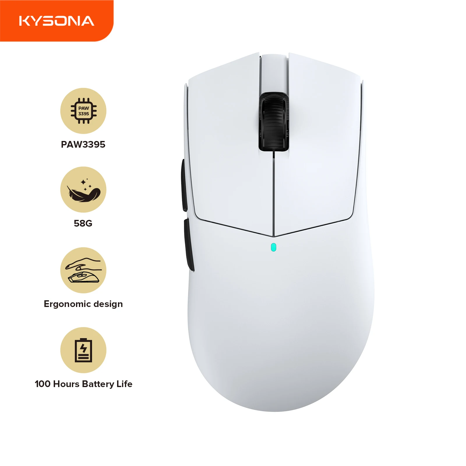 

KYSONA M511 Сверхлегкая версия Беспроводная игровая мышь Эргономичный дизайн 1K Скорость заката 58 г PAW3395 для правой и большой руки ПК геймер