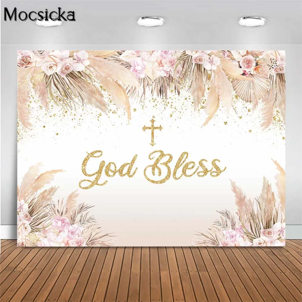 

Mocsicka Bohemian Baby Baptism Backdrop Boho Flowers Newborn First Communion Photo Background Cross God Bless Photography Props