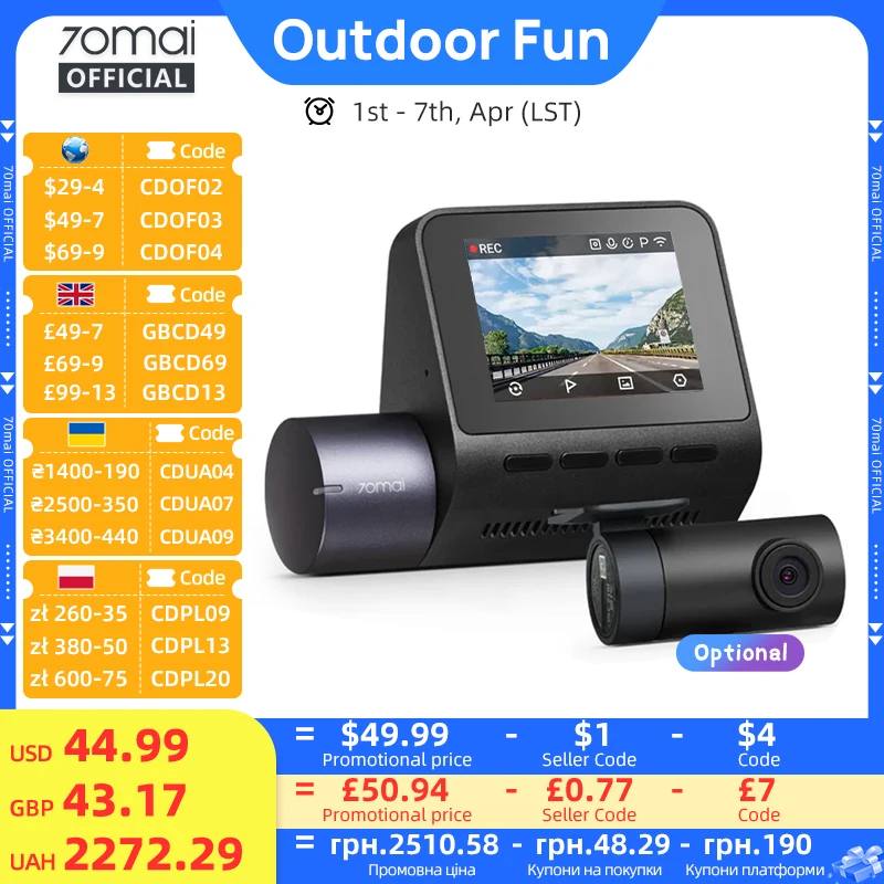 Neue 70mai Dash Cam A410 1440P 2,5K Bild F1.55 Dual-Channel Unterstützt GPS Nachtsicht 24H Parkplatz Verbesserte Ver. von 70mai A400
