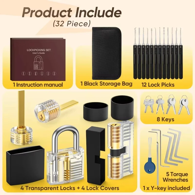 32Pcs Lock Pick Set for Beginners with 4 Transparent Training Locks Manual And Zip Case Extractor Lockpicking Tool Kit