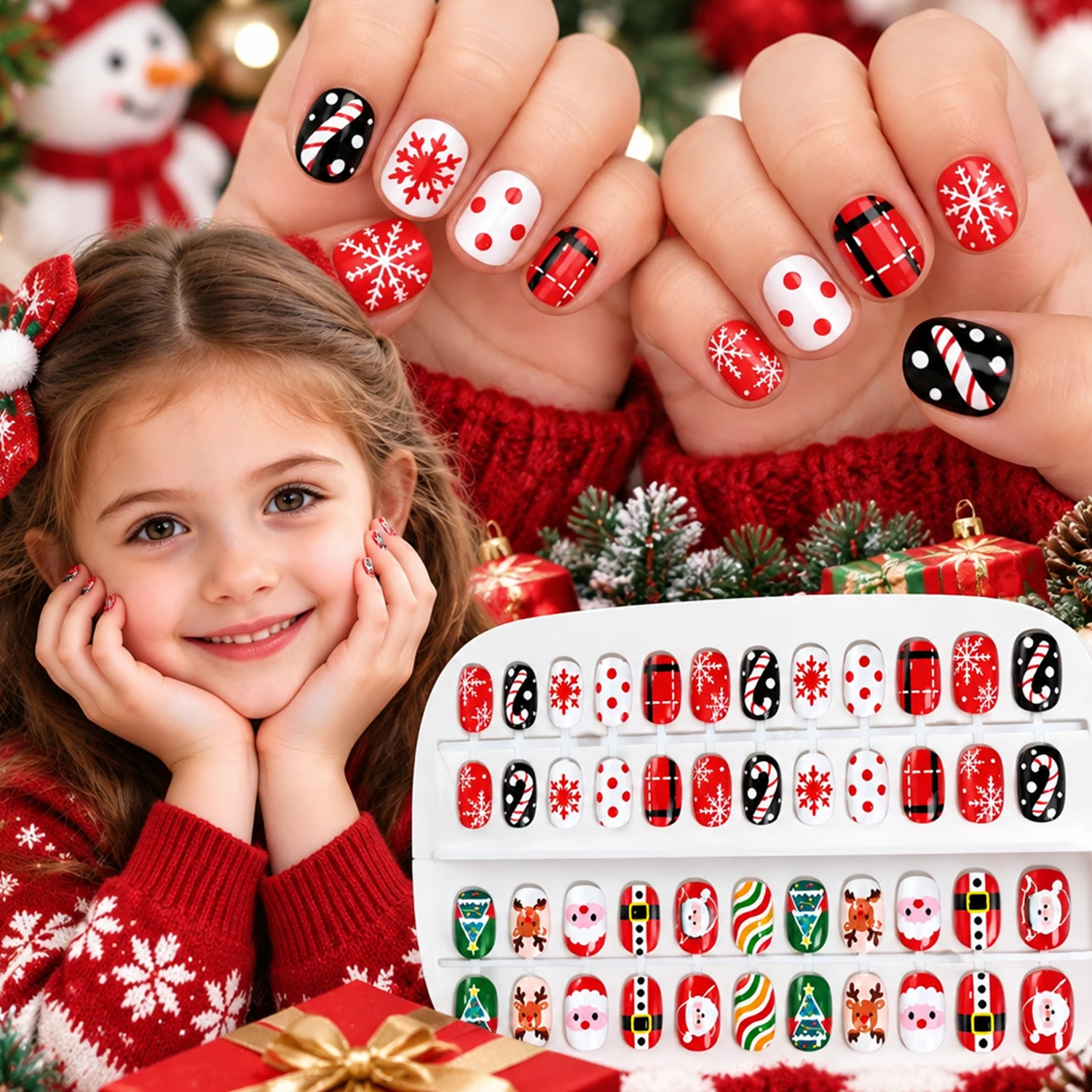 24/48Tips Children's Press On Nails Kids Cartoon Christmas Full Cover Acrylic False Nails For DIY Xmas Manicure Winter Fake Nail