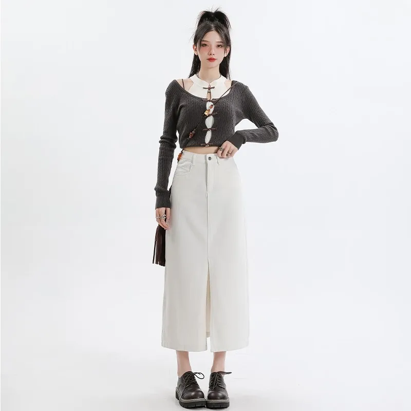 

Split Denim Skirt For Women's 2024 Spring New High Waisted Loose A-line Long Wrap Hip Skirt