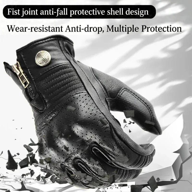 Unisex Summer Retro Genuine Leather Full Finger Motorcycle Gloves Touch Screen Breathable Protective Glove City Scooter Riding