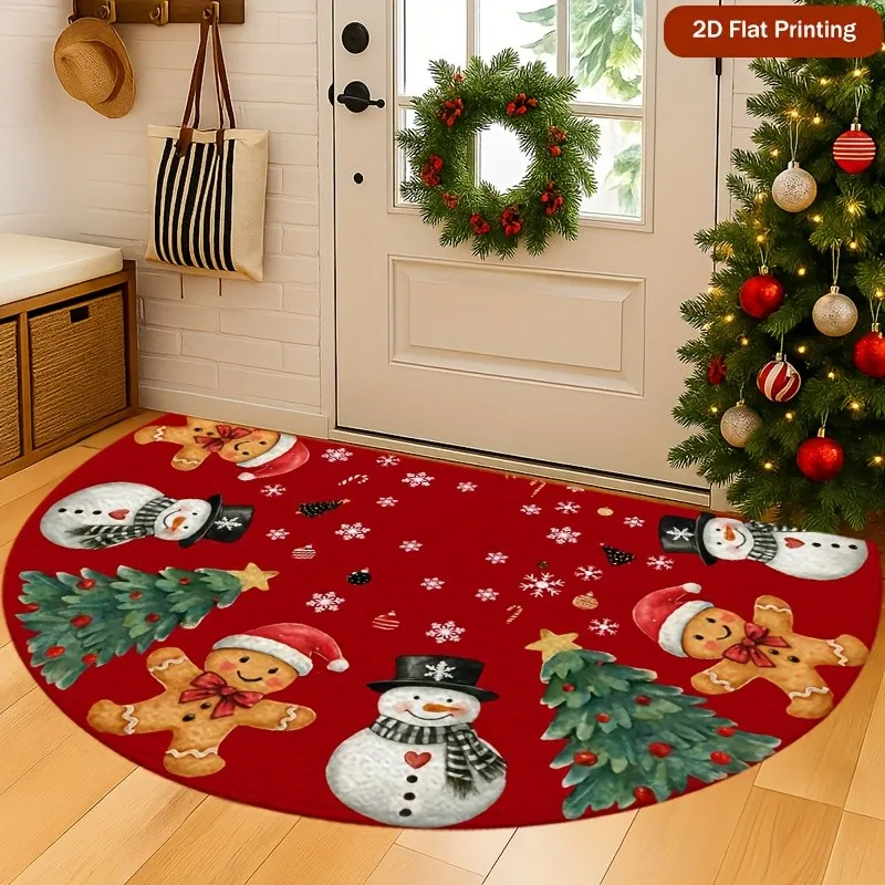 Cute Snowman Gingerbread Man Semi Circle Doormat Christmas Tree Welcome Mat