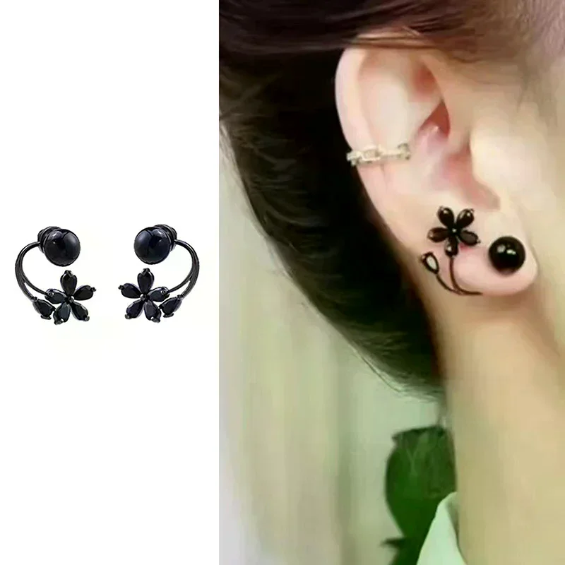 Vintage Black Zircon Flower Pearl Stud Earrings For Women Korean Elegant Personality Earrings Wedding Party Jewelry Gift Mujer