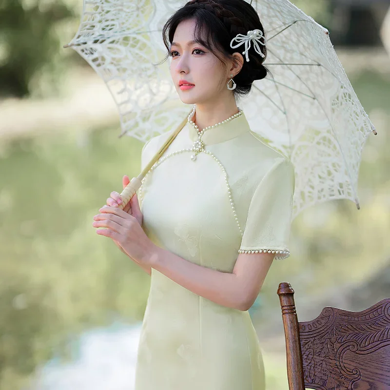 Yourqipao Summer Short Improved Cheongsam Simple Elegant Chinese Style Single Layer Jacquard Qipao Mandarin Dress for Women