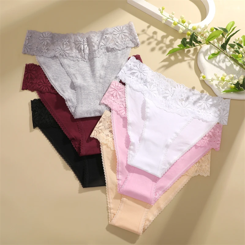 FINETOO 3Pcs Cotton Lace Floral Underwear Women\'s Patchwork Panties Sexy Breathable Soft Briefs Female Solid Low-Waist Lingerie