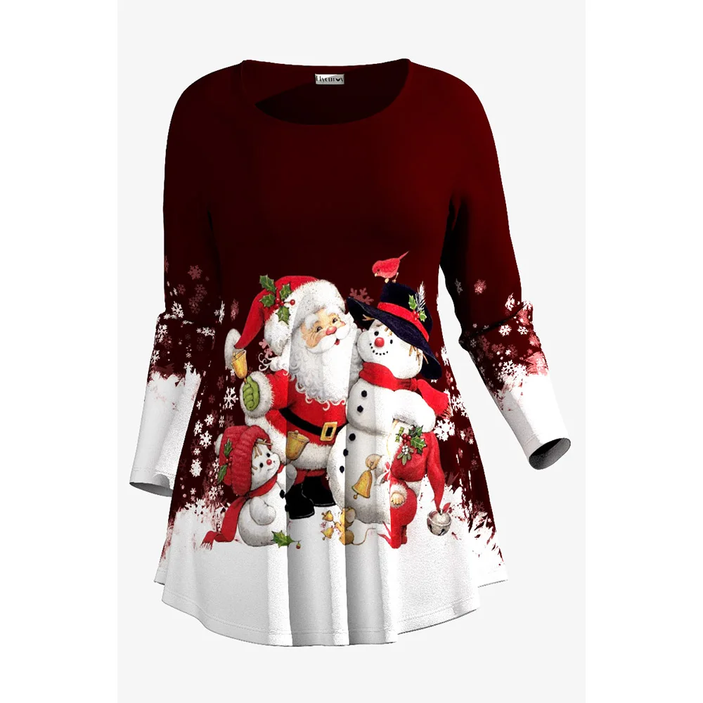 Plus Size Christmas Casual Burgundy Pleated Print Round-neck Long Sleeve T-Shirt