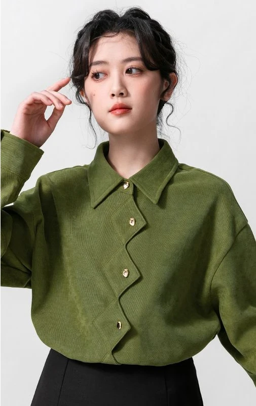 Blouse Women Vintage Green Skirt Fashion New Full Sleeve Autumn Spring Office Lady Women Top All-match Mori Girl