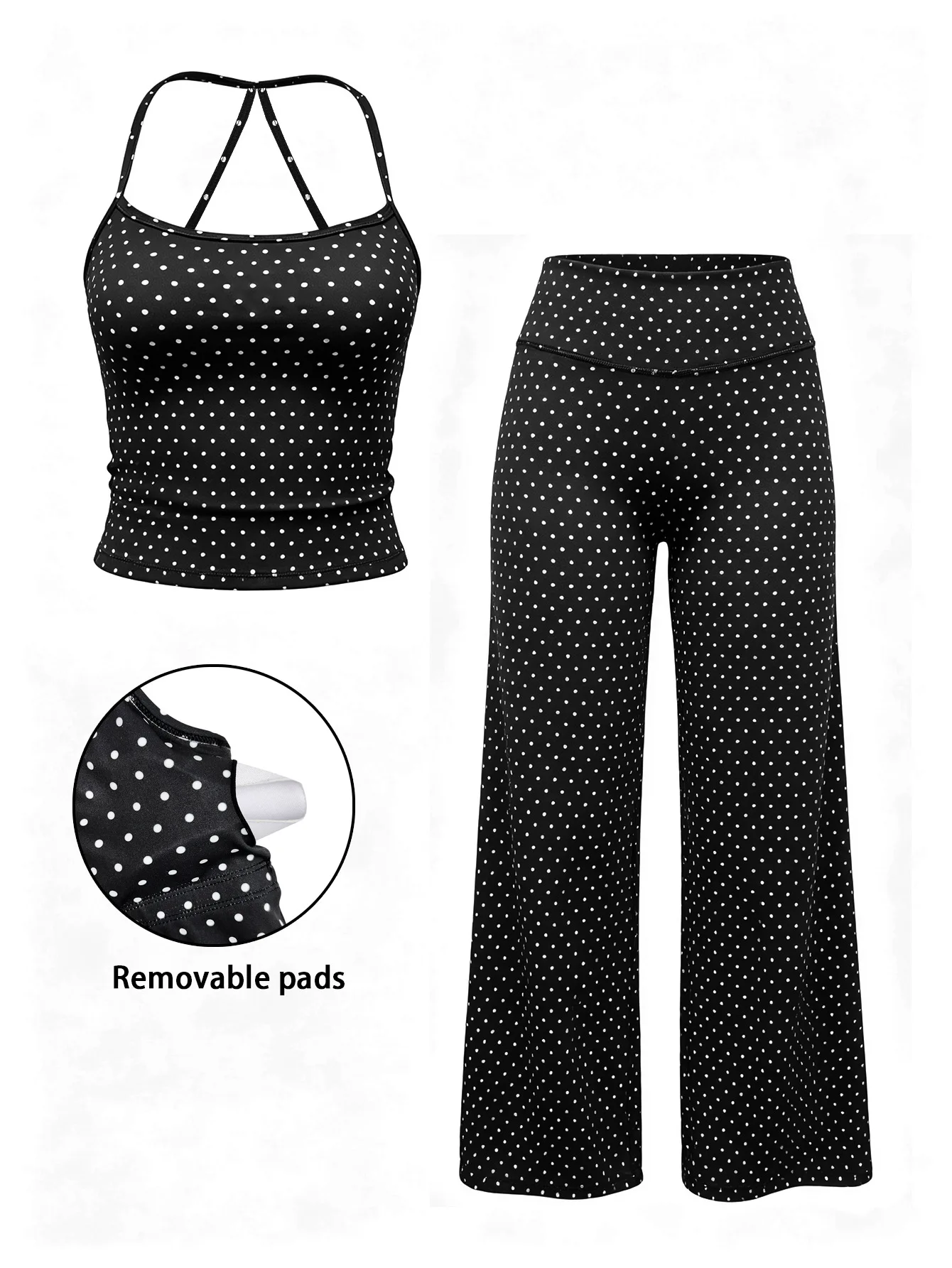 Women's Polka Dot Cami Top Yoga Set High Waist Drawstring Long Pants U Neck Crop Tank Top Straight Leg Pants Yoga Set