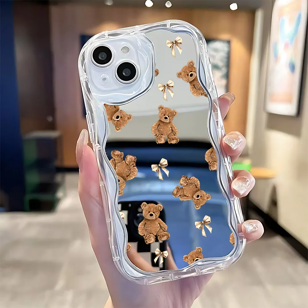 Cute Bear Pattern Wave Mirror Phone Case For Samsung Galaxy A27 A17 M16 A56 A36 A26 A16 A35 A55 A25 A15 A54 A34 A24 A14 4G 5G