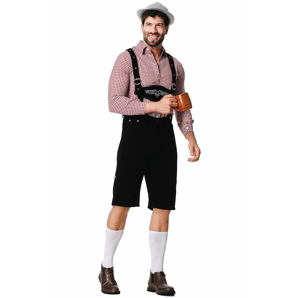 Herren Bayerisches Oktoberfest Lederhosen Kostüm Deutsches Bierfest Hosenträger Strampler Hemd Hut Set Halloween Cosplay Kostüme – Detail 13