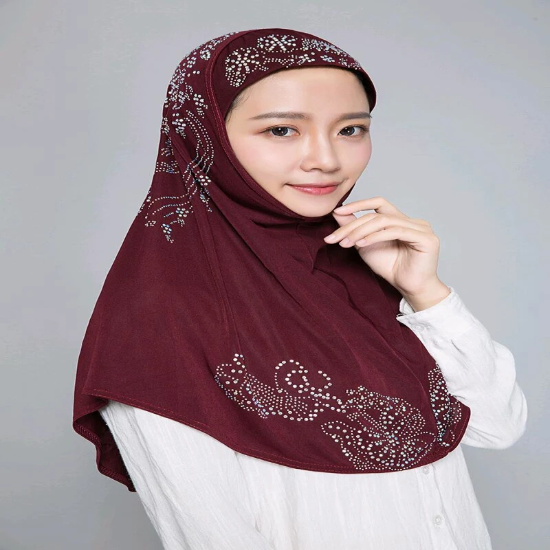 H006 Adults Medium size muslim hijab scarf with rhinestones islamic headscarf hat armia pull on headwrap ramadan gift