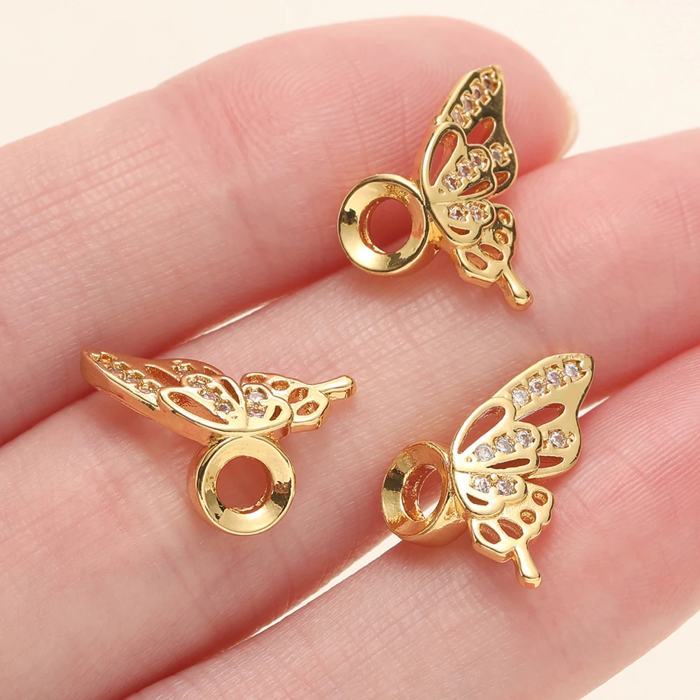 1 Uds. Cuentas espaciadoras de alas de mariposa chapadas en oro de 14/18K con circón para pulsera DIY, collar, accesorios para hacer joyas