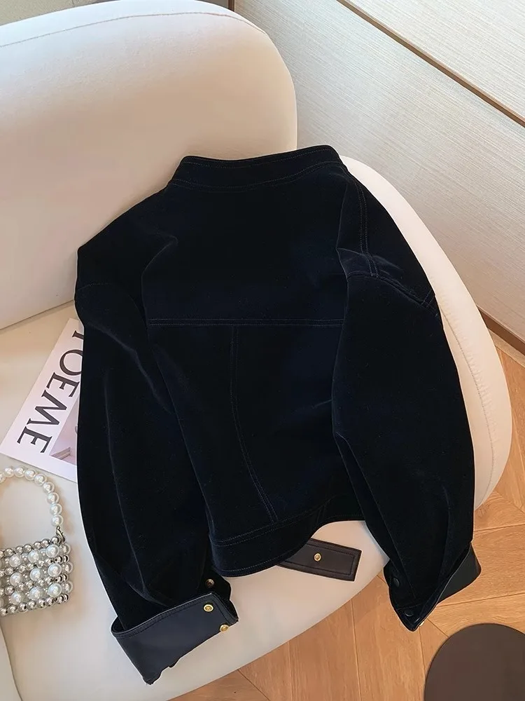 패셔너블한 블랙 벨벳 재킷 여성용 숏 스탠드 칼라 패치워크 가죽 봄 가을 다용도 캐주얼 긴팔 탑
