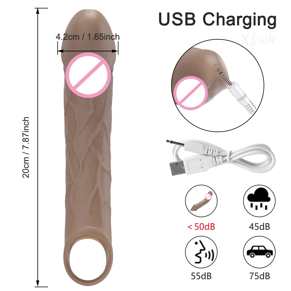 Remote Control Vibrating Penis Extension Sleeve Ejaculation Delay Penis Extender Reusable Silicone G-Spot Stimulator for Couples