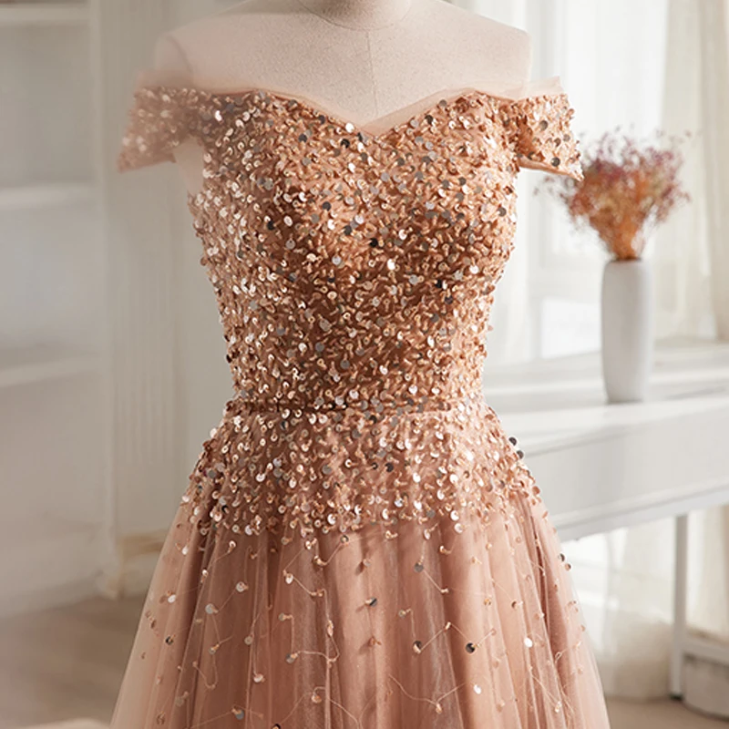 Champagne Boat Neck Evening Dress Sequins Short Sleeves Floor Length A-Line Tulle Lace Up Plus Size Women Party Dresses