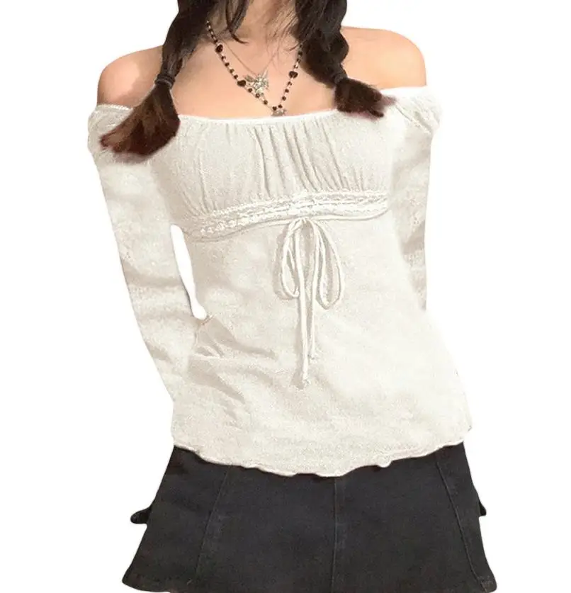 T-shirts Vintage en dentelle à volants pour femmes, automne Fairycore Grunge Kawaii, pulls à manches longues, T-shirts à nouer, vêtements esthétiques rétro y2k