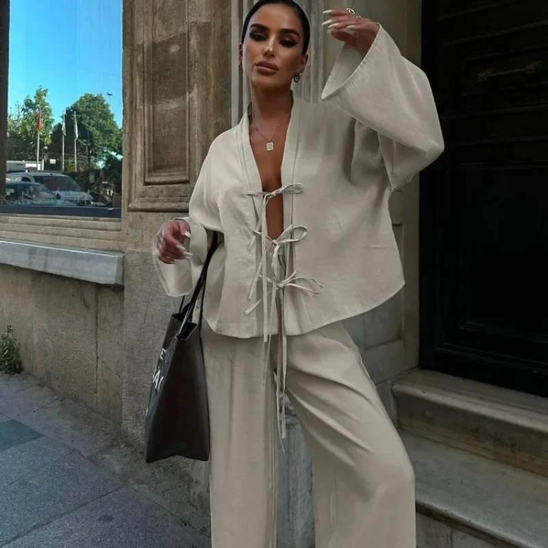 

Брюки Костюм Одежда Уличная одежда Осенний женский свободный спортивный костюм Y2K Повседневная рубашка с длинным рукавом на шнуровке Топ Широкие брюки из двух предметов