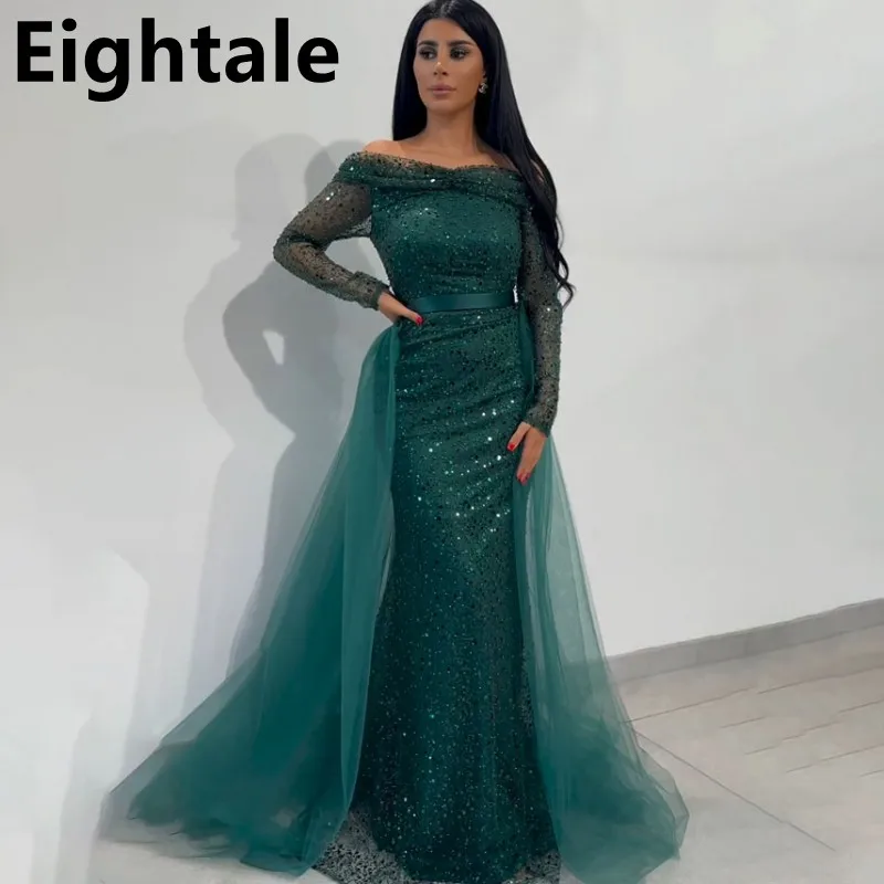 

Eightale Customized Dark Green Long Sleeve Sequin Evening Dress Wedding Party Off Shoulder Mermaid Formal Prom Dress Dubai Gown